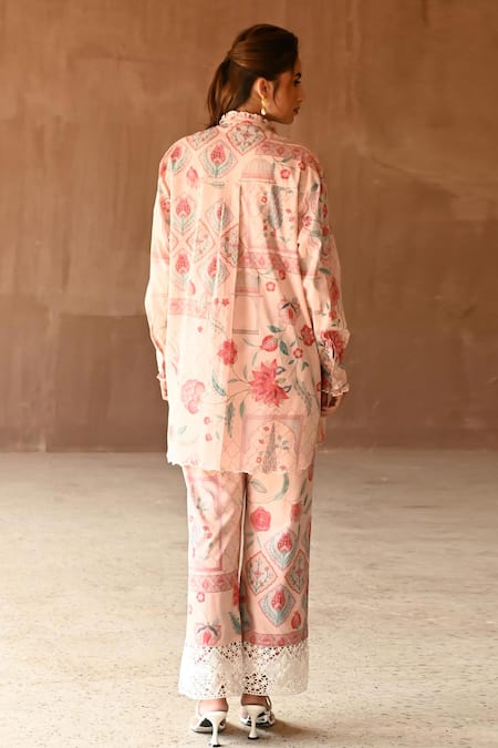 Shop_Sage Saga_Pink Muslin Embroidery, Lace High Neck Barkha Floral Print Shirt Tunic _at_Aza_Fashions