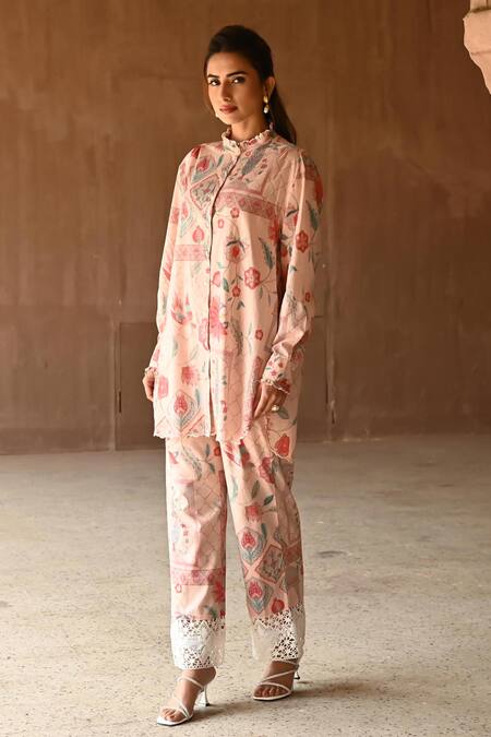Buy_Sage Saga_Pink Muslin Embroidery, Lace High Neck Barkha Floral Print Shirt Tunic _Online_at_Aza_Fashions