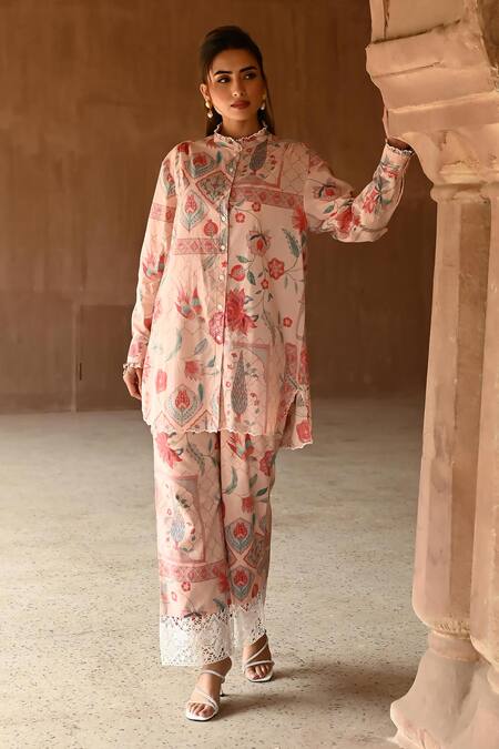 Sage Saga_Pink Muslin Embroidery, Lace High Neck Barkha Floral Print Shirt Tunic _at_Aza_Fashions