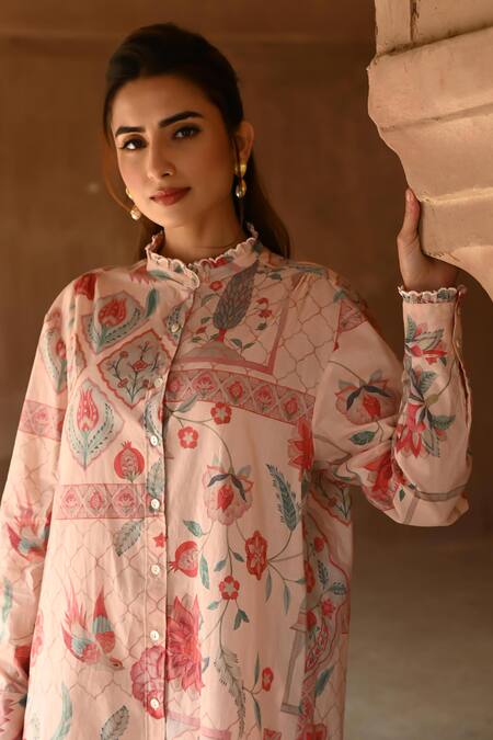 Buy_Sage Saga_Pink Muslin Embroidery, Lace High Neck Barkha Floral Print Shirt Tunic 