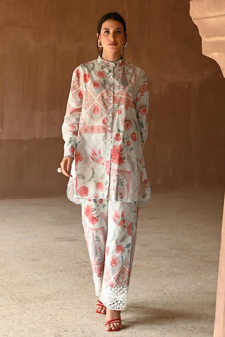 Sage Saga Blue Mul Printed Floral High Collar Barkha Scalloped Shirt Tunic With Pant 