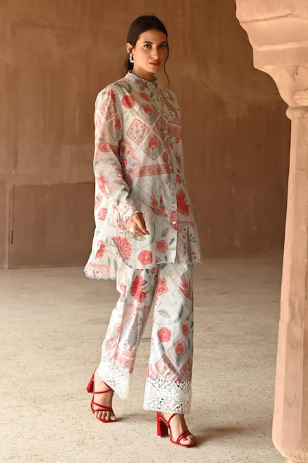 Shop_Sage Saga_Blue Cotton, Muslin Lace, Barkha Printed Scalloped Shirt Tunic With Pant _at_Aza_Fashions