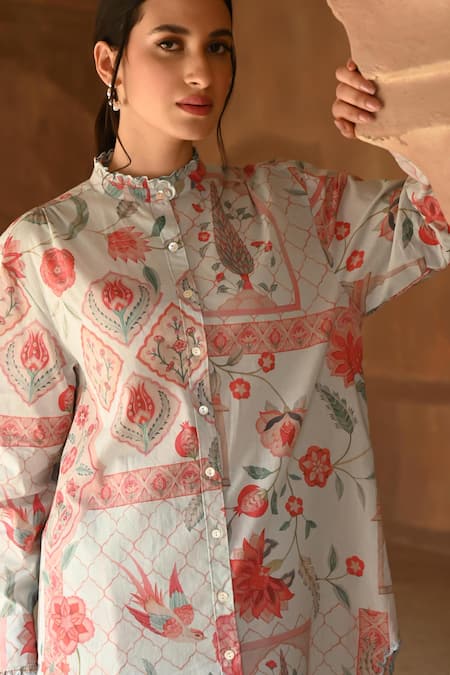 Sage Saga_Blue Cotton, Muslin Lace, Barkha Printed Scalloped Shirt Tunic With Pant _at_Aza_Fashions