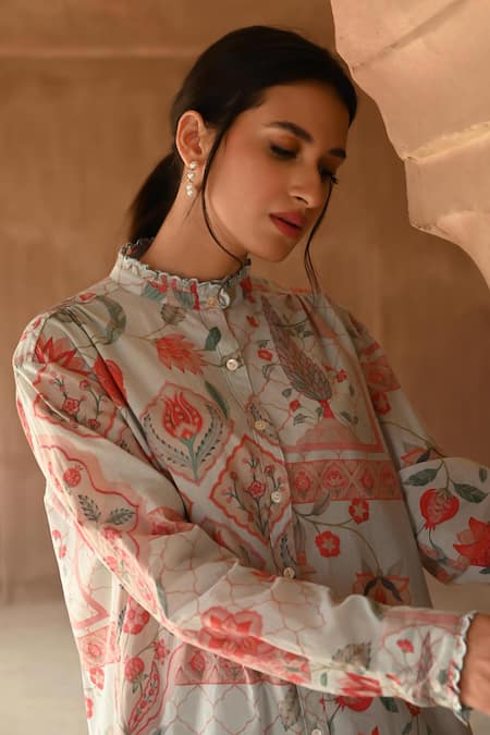 Buy_Sage Saga_Blue Cotton, Muslin Lace, Barkha Printed Scalloped Shirt Tunic With Pant 