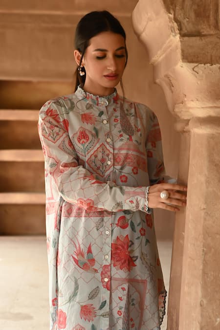 Shop_Sage Saga_Blue Muslin Lace High Neck Barkha Printed Scalloped Shirt Tunic _at_Aza_Fashions