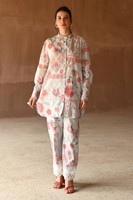 Sage Saga_Blue Muslin Lace High Neck Barkha Printed Scalloped Shirt Tunic _Online_at_Aza_Fashions