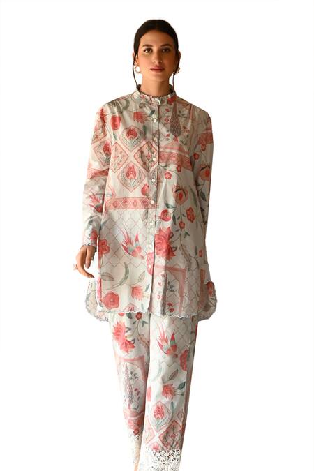 Shop Sage Saga Blue Muslin Lace High Neck Barkha Printed Scalloped Shirt Tunic Online at Aza Fashions Shop_Sage Saga_Blue Muslin Lace High Neck Barkha Printed Scalloped Shirt Tunic _Online_at_Aza_Fashions