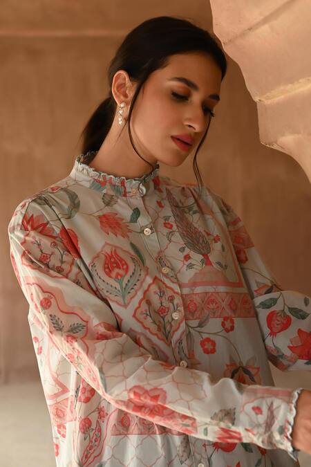 Buy_Sage Saga_Blue Muslin Lace High Neck Barkha Printed Scalloped Shirt Tunic 
