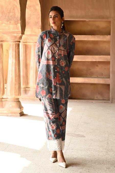 Sage Saga Grey Mul Printed Floral High Collar Barkha Scalloped Shirt Tunic With Pant 