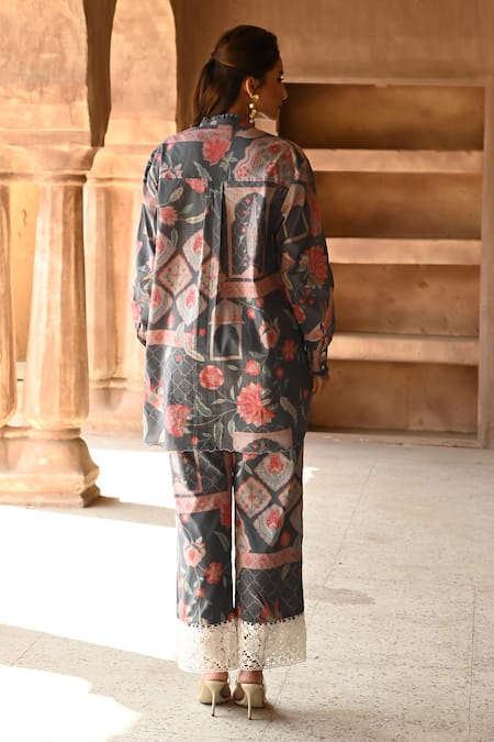 Shop_Sage Saga_Grey Cotton Lace High Neck Barkha Floral Printed Scalloped Shirt Tunic With Pant _at_Aza_Fashions