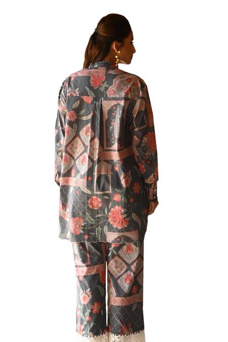Sage Saga Grey Cotton Lace High Neck Barkha Floral Printed Scalloped Shirt Tunic With Pant Online at Aza Fashions Sage Saga_Grey Cotton Lace High Neck Barkha Floral Printed Scalloped Shirt Tunic With Pant _Online_at_Aza_Fashions