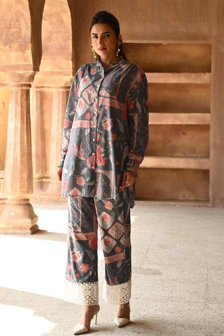 Buy_Sage Saga_Grey Cotton Lace High Neck Barkha Floral Printed Scalloped Shirt Tunic With Pant _Online_at_Aza_Fashions