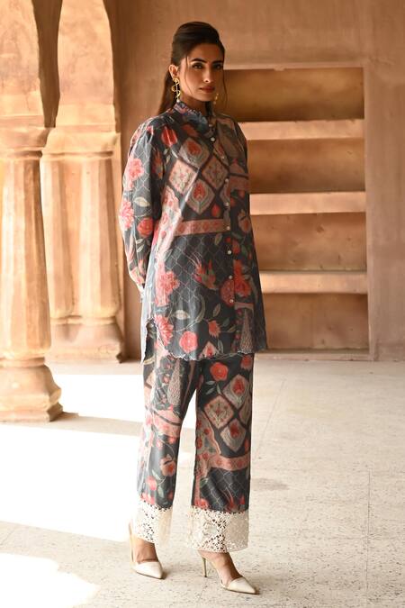 Sage Saga_Grey Cotton Lace High Neck Barkha Floral Printed Scalloped Shirt Tunic With Pant _at_Aza_Fashions