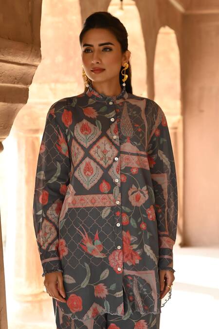 Buy_Sage Saga_Grey Cotton Lace High Neck Barkha Floral Printed Scalloped Shirt Tunic With Pant 