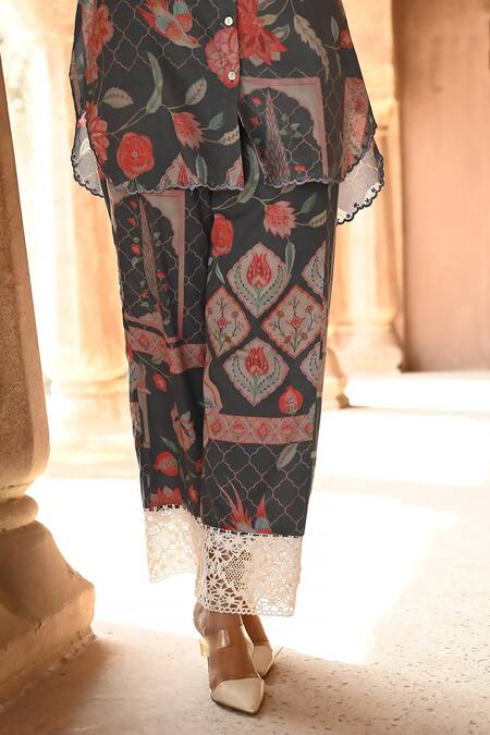 Shop_Sage Saga_Grey Cotton Lace High Neck Barkha Floral Printed Scalloped Shirt Tunic With Pant 