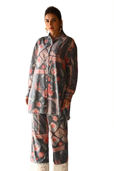 Shop Sage Saga Grey Muslin Embroidery High Neck Barkha Floral Printed Scalloped Shirt Tunic Online at Aza Fashions Shop_Sage Saga_Grey Muslin Embroidery High Neck Barkha Floral Printed Scalloped Shirt Tunic _Online_at_Aza_Fashions