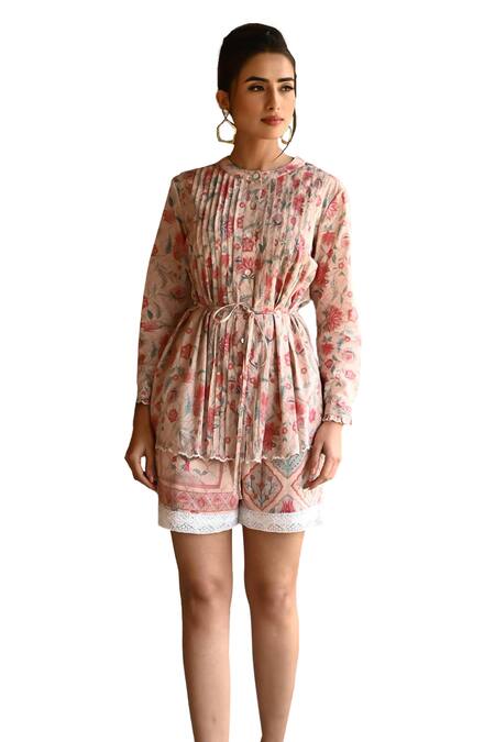 Buy Sage Saga Pink Muslin Lace, Embroidery Bandeau Barkha Floral Printed Shirt With Shorts Online at Aza Fashions Buy_Sage Saga_Pink Muslin Lace, Embroidery Bandeau Barkha Floral Printed Shirt With Shorts _Online_at_Aza_Fashions