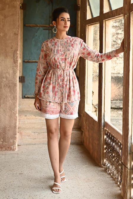 Sage Saga Pink Mul Printed Floral Barkha Shorts 