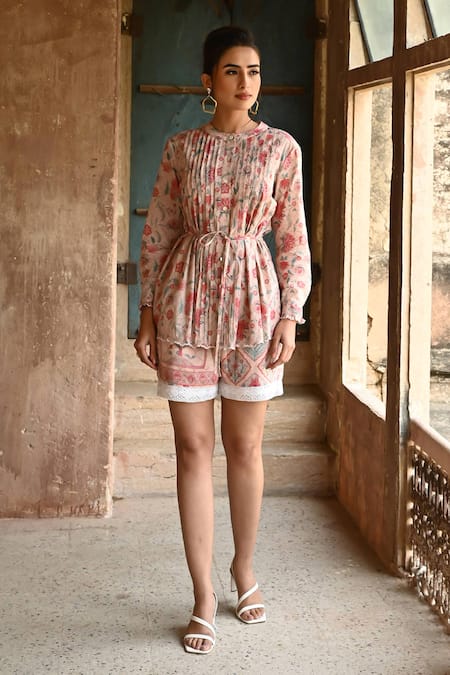 Buy_Sage Saga_Pink Mul Printed Floral Barkha Shorts_Online_at_Aza_Fashions