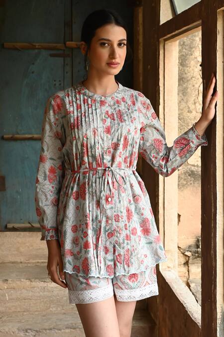 Shop_Sage Saga_Blue Muslin, Cotton Lace Barkha Floral Printed Scalloped Shirt With Shorts _Online_at_Aza_Fashions