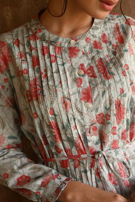 Buy_Sage Saga_Blue Muslin, Cotton Lace Barkha Floral Printed Scalloped Shirt With Shorts 