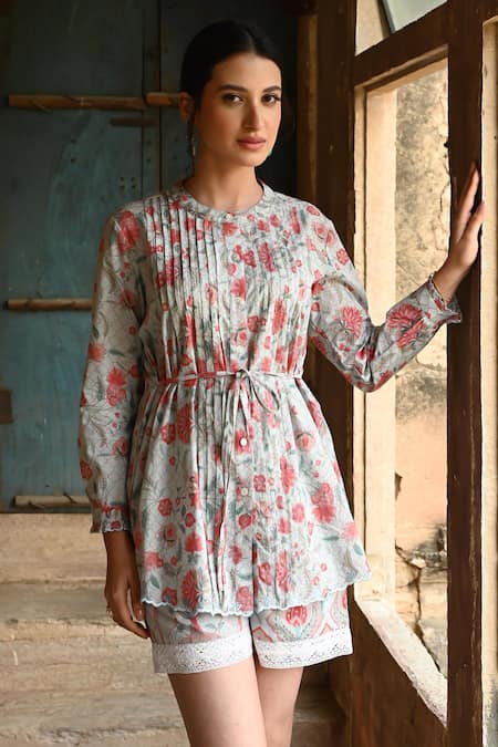 Sage Saga Blue Mul Printed Floral Band Collar Barkha Scalloped Shirt 