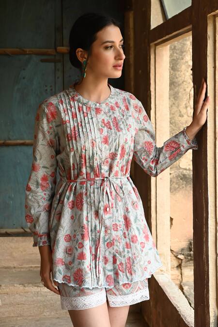 Shop_Sage Saga_Blue Cotton Lace, Embroidery Bandeau Neck Barkha Floral Printed Scalloped Shirt _Online_at_Aza_Fashions