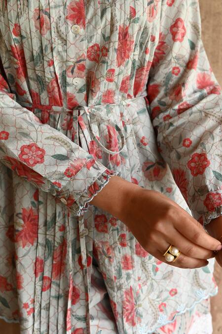 Buy_Sage Saga_Blue Cotton Lace, Embroidery Bandeau Neck Barkha Floral Printed Scalloped Shirt 