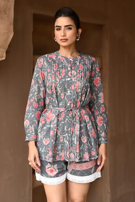 Sage Saga Barkha Printed Scalloped Shirt With Shorts 