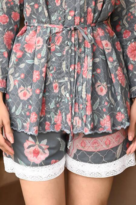 Buy_Sage Saga_Grey Muslin, Cotton Lace, Embroidery Barkha Printed Scalloped Shirt With Shorts _Online_at_Aza_Fashions
