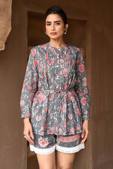 Sage Saga_Grey Muslin Embroidery, Lace Bandeau Neck Barkha Printed Scalloped Shirt _Online_at_Aza_Fashions