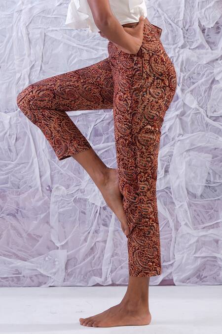 Label Rama_Multi Color Cotton Hand Block Print Paisley Pencil Fit Trouser_Online_at_Aza_Fashions