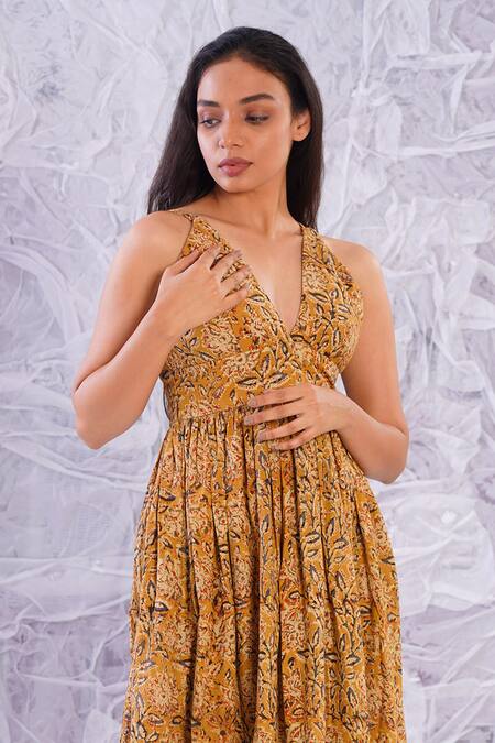 Label Rama_Yellow Cotton Hand Block Print Floral V Neck Midi Dress_Online_at_Aza_Fashions