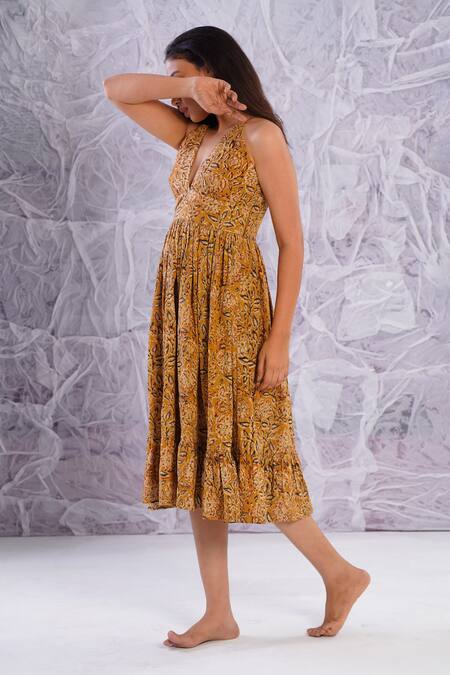 Shop_Label Rama_Yellow Cotton Hand Block Print Floral V Neck Midi Dress_Online_at_Aza_Fashions