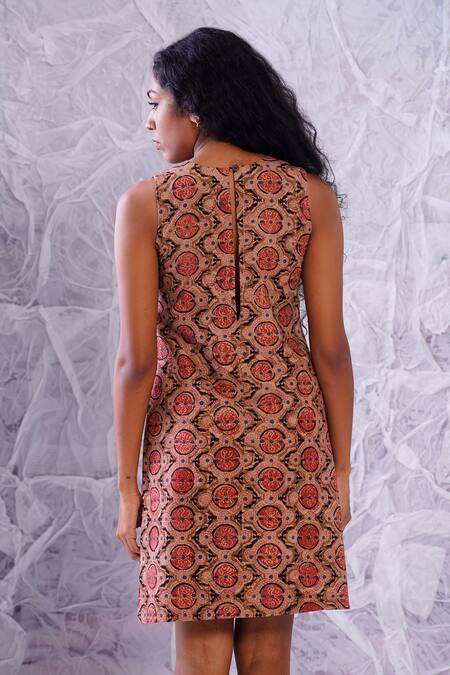 Shop_Label Rama_Multi Color Cotton Hand Block Print Floral V Neck Side Slit Short Dress_at_Aza_Fashions