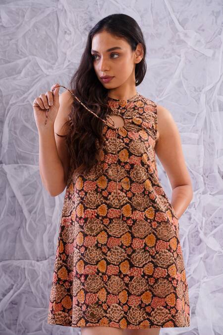 Label Rama_Multi Color Cotton Hand Block Print Floral Round Dress_Online_at_Aza_Fashions
