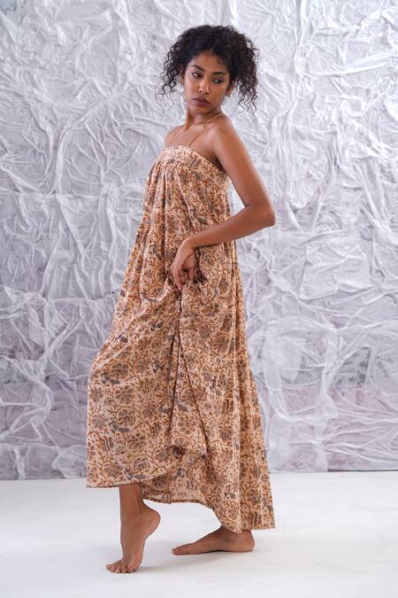 Buy_Label Rama_Multi Color Cotton Hand Block Print Floral Straight Criss-cross Back Dress_Online_at_Aza_Fashions