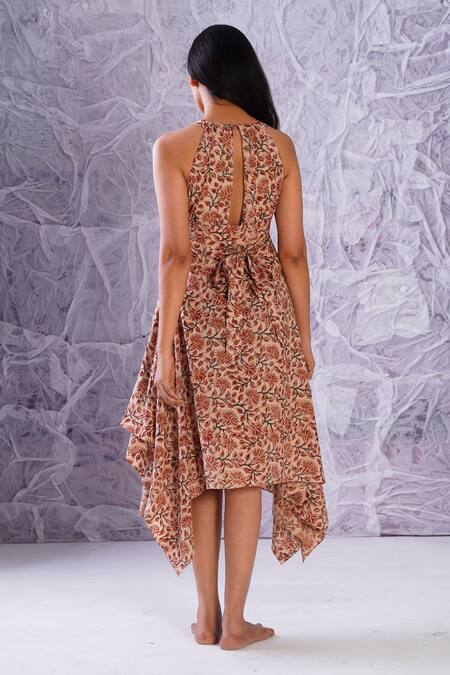 Shop Label Rama Multi Color Cotton Hand Block Print Floral High Neck Asymmetric Dress at Aza Fashions Shop_Label Rama_Multi Color Cotton Hand Block Print Floral High Neck Asymmetric Dress_at_Aza_Fashions