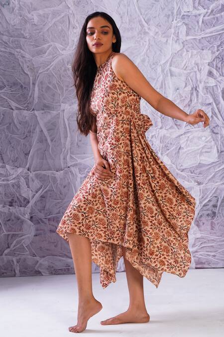 Shop Label Rama Multi Color Cotton Hand Block Print Floral High Neck Asymmetric Dress Online at Aza Fashions Shop_Label Rama_Multi Color Cotton Hand Block Print Floral High Neck Asymmetric Dress_Online_at_Aza_Fashions