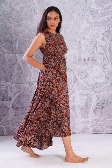 Label RaMa Brown Cotton Hand Block Print Floral Round Side Cut-out Dress  5