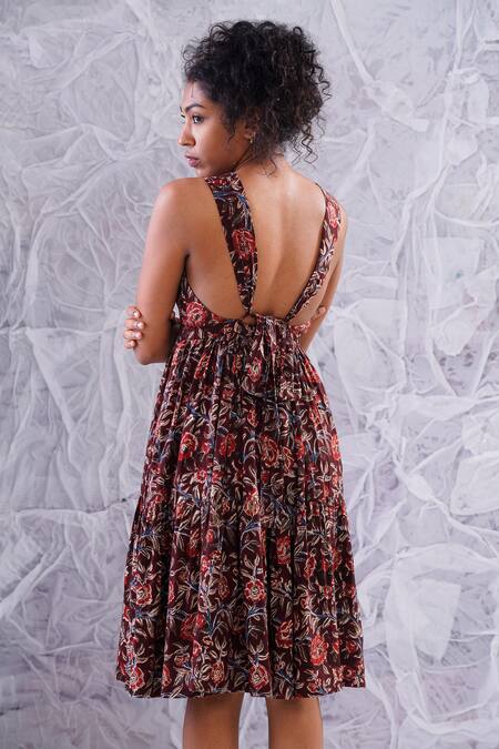 Shop_Label Rama_Brown Cotton Hand Block Print Floral Round Day Dream Dress_at_Aza_Fashions
