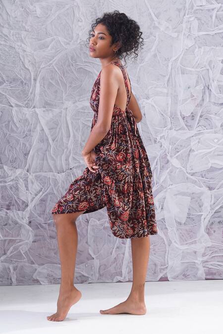 Label Rama_Brown Cotton Hand Block Print Floral Round Day Dream Dress_Online_at_Aza_Fashions
