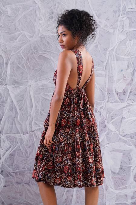Buy_Label Rama_Brown Cotton Hand Block Print Floral Round Day Dream Dress_Online_at_Aza_Fashions