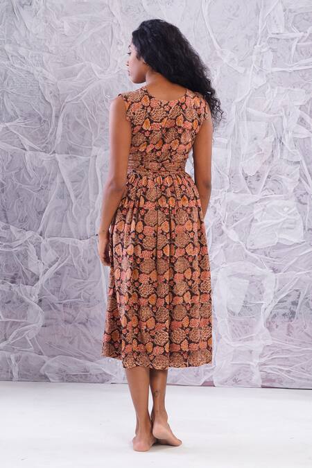 Shop_Label Rama_Multi Color Cotton Hand Block Print Floral High Neck Front Pocket Dress_at_Aza_Fashions