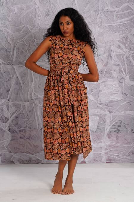 Label Rama_Multi Color Cotton Hand Block Print Floral High Neck Front Pocket Dress_Online_at_Aza_Fashions