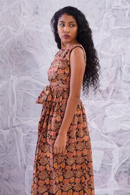 Buy_Label Rama_Multi Color Cotton Hand Block Print Floral High Neck Front Pocket Dress_Online_at_Aza_Fashions
