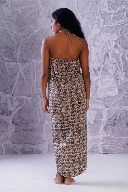 Shop_Label Rama_Blue Cotton Hand Block Print Halter Neck Asymmetric Top_at_Aza_Fashions