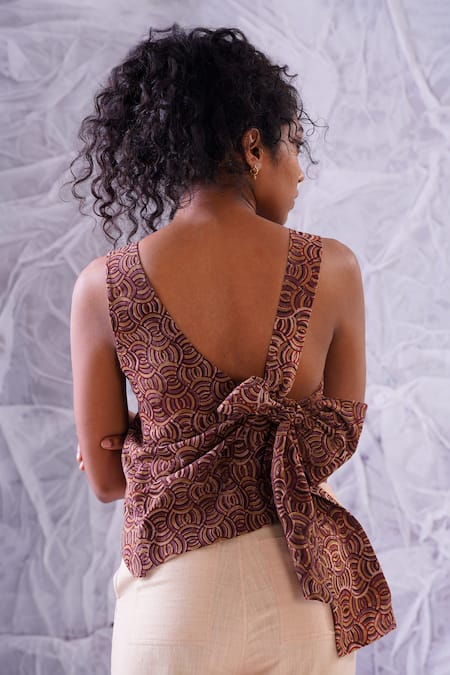 Shop_Label Rama_Red Cotton Hand Block Print Geometric Round Back Tie-up Top_at_Aza_Fashions