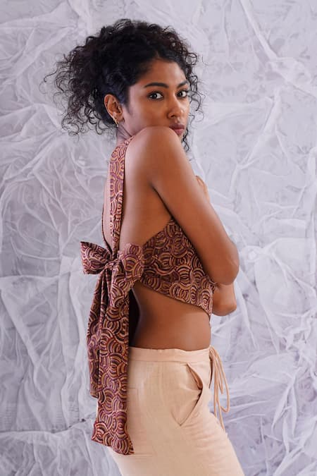 Label Rama_Red Cotton Hand Block Print Geometric Round Back Tie-up Top_Online_at_Aza_Fashions