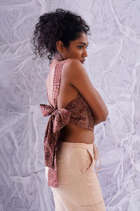 Buy_Label Rama_Red Cotton Hand Block Print Geometric Round Back Tie-up Top_Online_at_Aza_Fashions